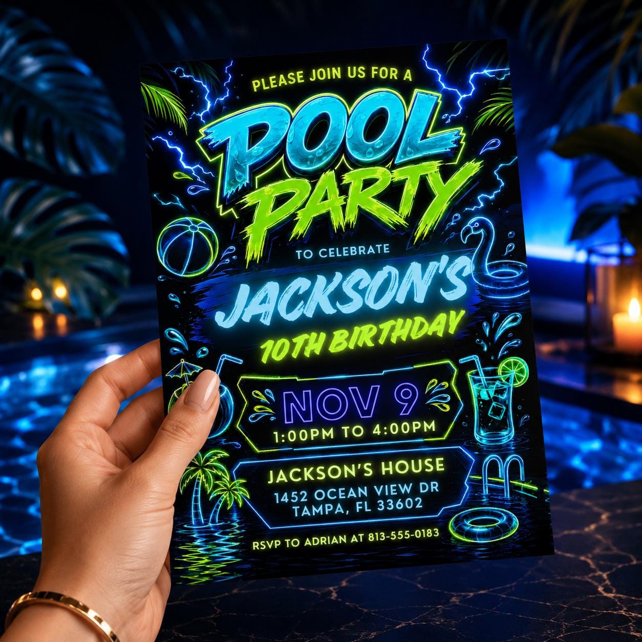 Editable Pool Party Birthday Invitation, Neon Glow Swim Invite for Boys Blue Green, Neon Pool Party Invitation, Editable Canva Template - Image 6
