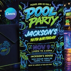 Editable Pool Party Birthday Invitation, Neon Glow Swim Invite for Boys Blue Green, Neon Pool Party Invitation, Editable Canva Template