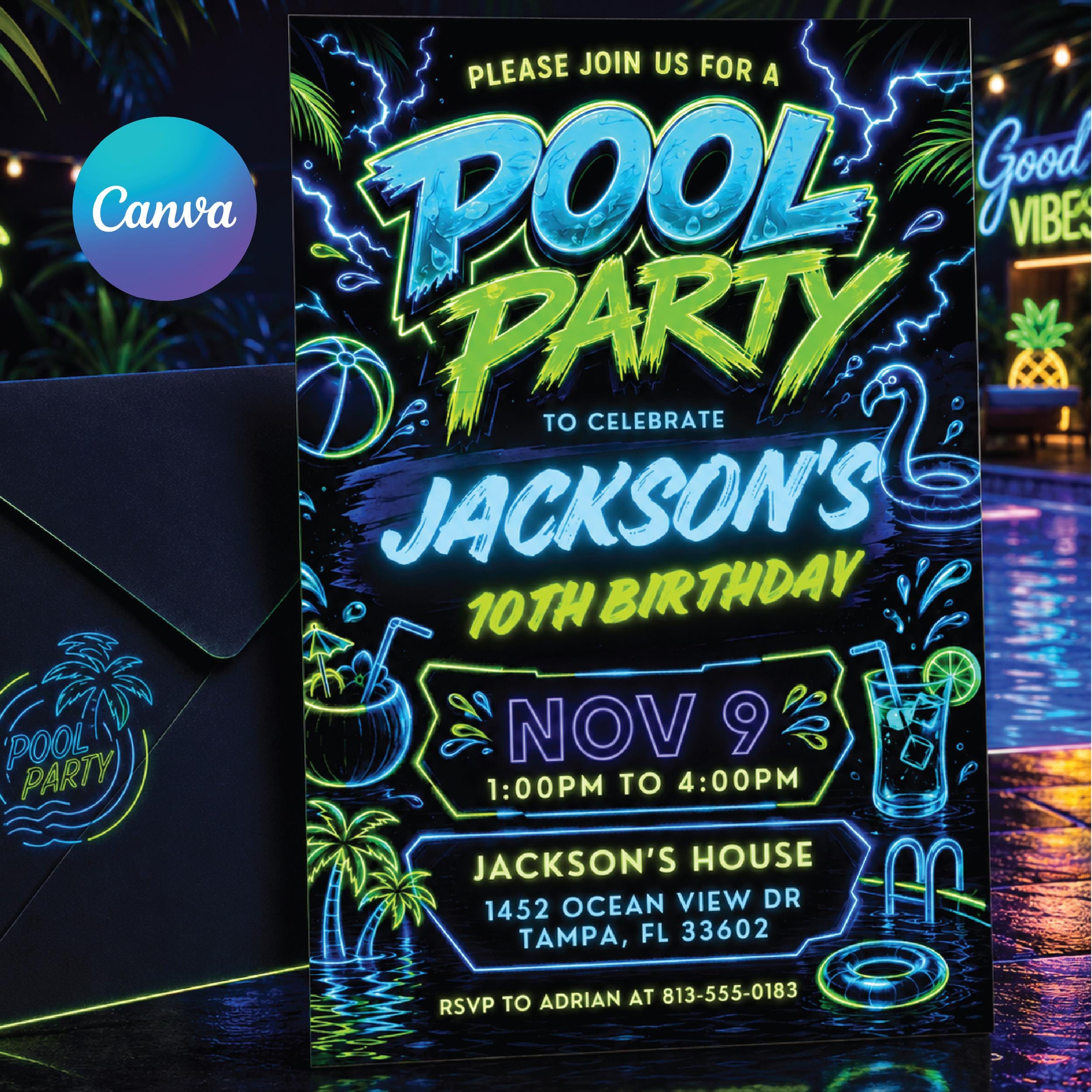 Editable Pool Party Birthday Invitation, Neon Glow Swim Invite for Boys Blue Green, Neon Pool Party Invitation, Editable Canva Template