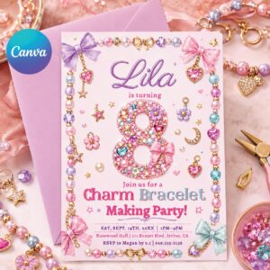 Charm Bracelet Making Party, Jewelry Making Invitation, Beading Party Template, Tween Girl Birthday, Friendship Bracelet Workshop, Canva