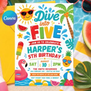 5th Dive into Five Pool Party, Dive Into Five Pool Party Invite, Pool Party Birthday Invite, Summer Beach Birthday Invite, Swim Party Invite