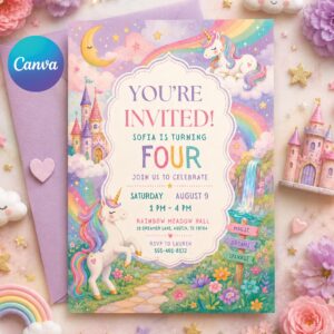 Unicorn 4th Birthday Invitation Template, Four Ever Magical, Pastel Unicorn Birthday Invite, Rainbow Unicorn Invitation, Canva template