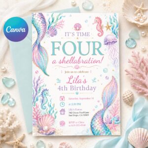 Mermaid Birthday Invitation, Four Birthday Invitations Mermaid Tail Fourth Girls Summer 4th Birthday Shellabration Invite Pastel Purple