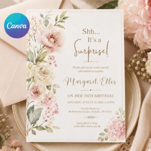 Floral Surprise 70th Birthday Invitation Template, Surprise Birthday Invitation Surprise Party Invitations Shhh its a Surprise Invite, Canva