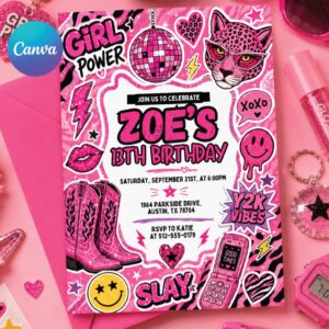 Y2K Birthday Invitation Template, Customizable for Any Event, editable canva template