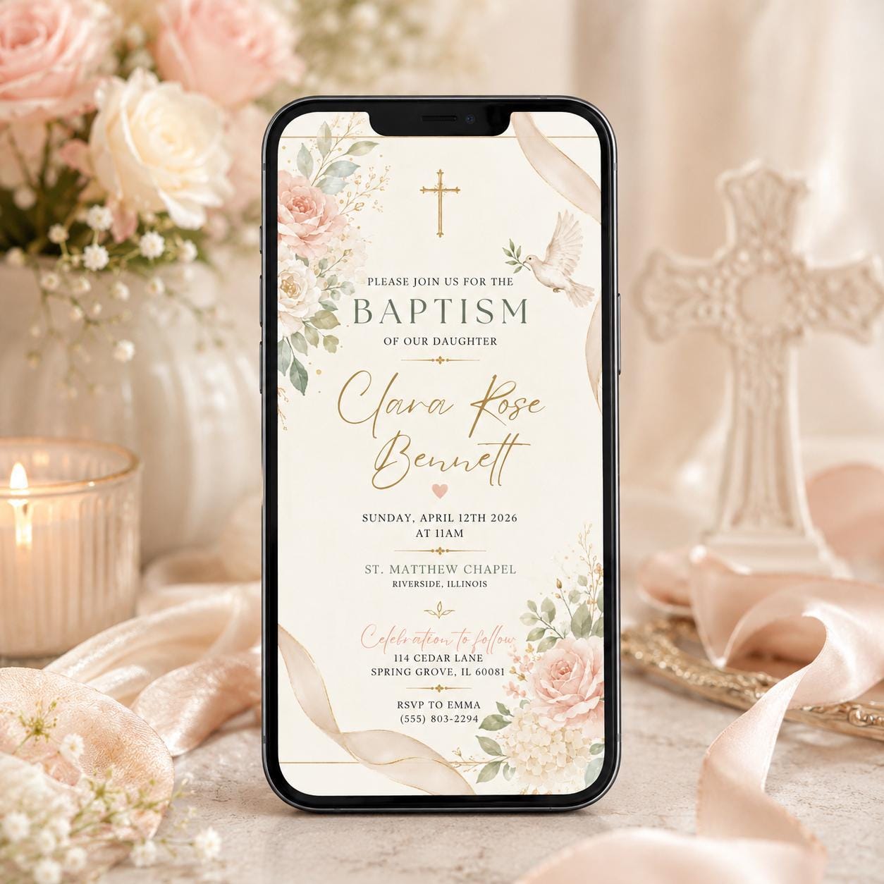 Wildflower baptism invitation, First Communion Invitation, Christening Invitation, Floral Baptism invitation, Preppy baptism invite - Image 4
