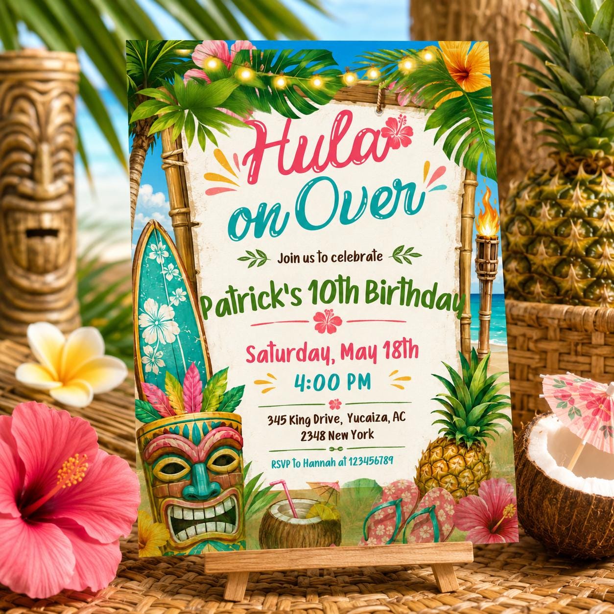 Hula On Over Birthday Invitation, Colorful Tropical LUAU Party Invite, Hawaiian theme, Aloha party invitation, Editable Canva Template - Image 3