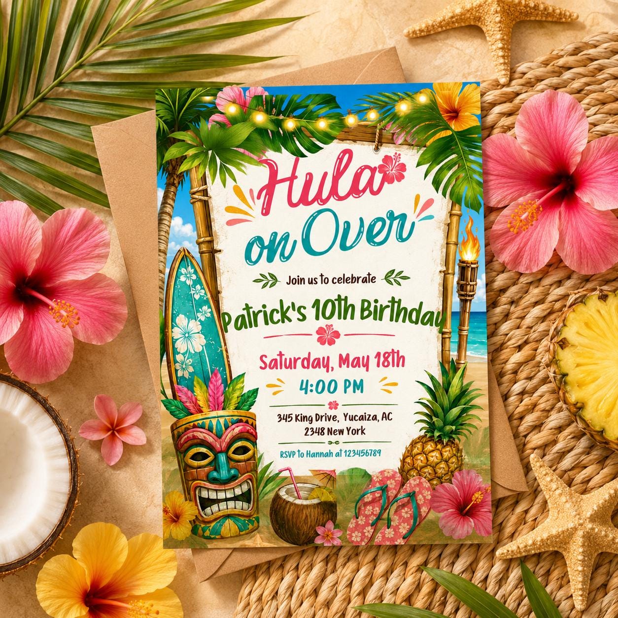 Hula On Over Birthday Invitation, Colorful Tropical LUAU Party Invite, Hawaiian theme, Aloha party invitation, Editable Canva Template - Image 4