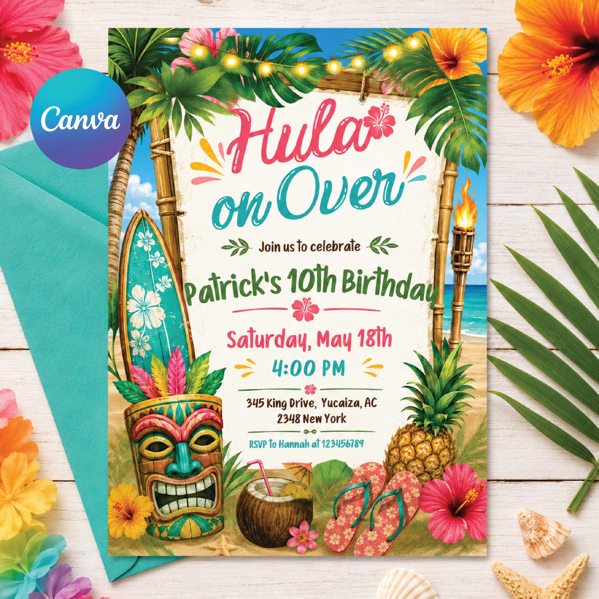 Hula On Over Birthday Invitation, Colorful Tropical LUAU Party Invite, Hawaiian theme, Aloha party invitation, Editable Canva Template