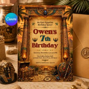 Egyptian Birthday Invitation Template, Editable Ancient Egypt Pharaoh Party Invite, Archaeology Quest, Mummy, Pyramid, Canva Template