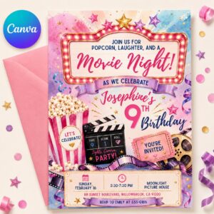 Movie Night Birthday Invitation, Movie Party Invitation, Cinema Invitation, Backyard Movie Night Birthday Birthday Invite, Editable Canva