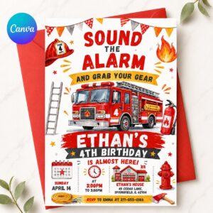 Fire Truck Birthday Invitation, Firefighter Birthday Party Invite, Sound the Alarm Birthday, Fireman Birthday, Editable Canva Template