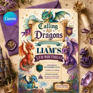 Dragon Birthday Invitation, Fantasy Dragon Birthday Invitation, Dragon Invitation, Dragon Birthday Party, Editable Canva Template