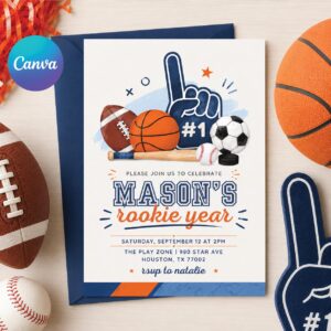 Sports Rookie Year Birthday Invitation Template, Sports Baseball Birthday, Rookie Of The Year Invite Baseball Birthday Party, Canva Template