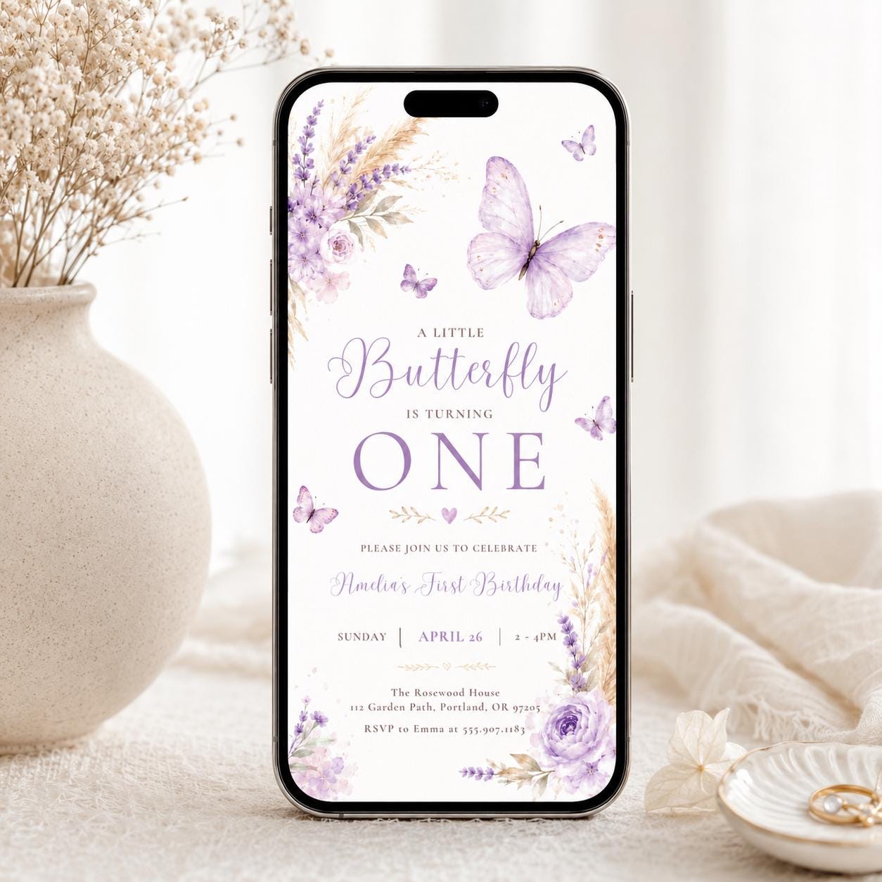 Butterfly First Birthday Invitation, Baby Girl 1st Birthday Editable Invite Template, Butterflies and Flowers Party Printable Canva Template - Image 5