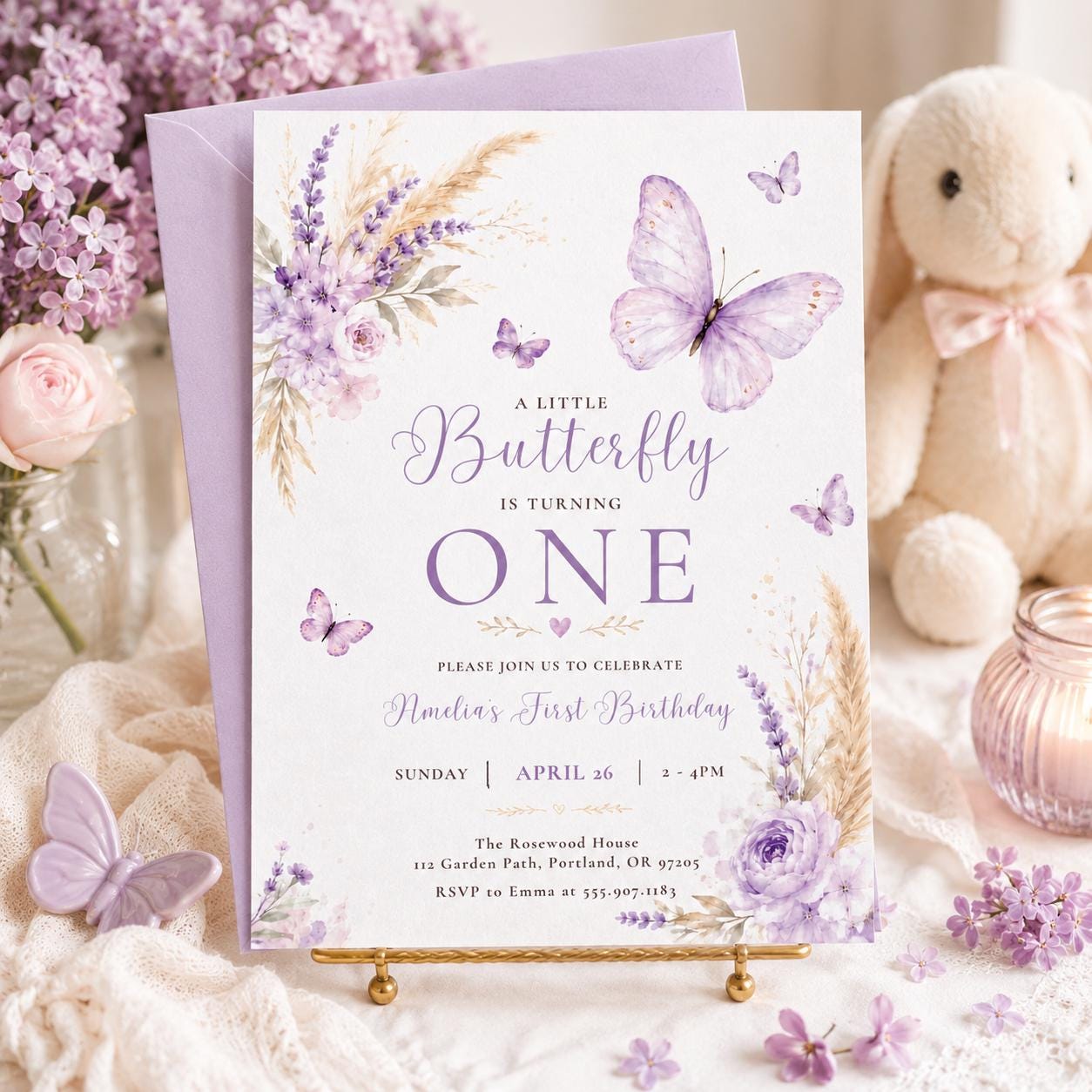 Butterfly First Birthday Invitation, Baby Girl 1st Birthday Editable Invite Template, Butterflies and Flowers Party Printable Canva Template - Image 6