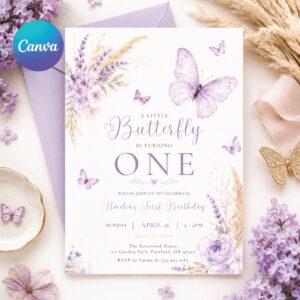 Butterfly First Birthday Invitation, Baby Girl 1st Birthday Editable Invite Template, Butterflies and Flowers Party Printable Canva Template