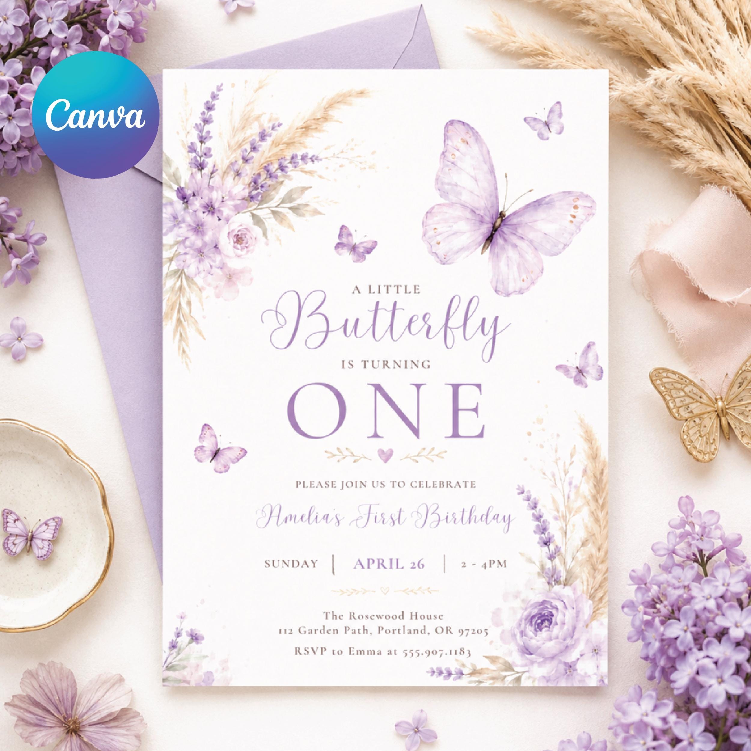 Butterfly First Birthday Invitation, Baby Girl 1st Birthday Editable Invite Template, Butterflies and Flowers Party Printable Canva Template