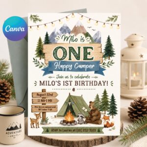 Camping Birthday Invitation Template, One Happy Camper Invite Canva Editable, First Birthday Woodland Party Invite, Bear Camp Party, Canva