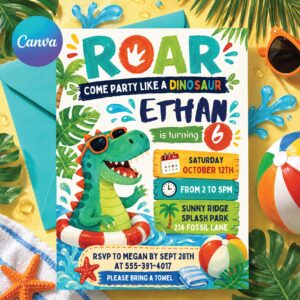 Editable Dinosaur Pool Party Invitation, Swim Dino Birthday invite, Dinosaur Pool Party Birthday, T-rex Dino Swim Invite, Canva