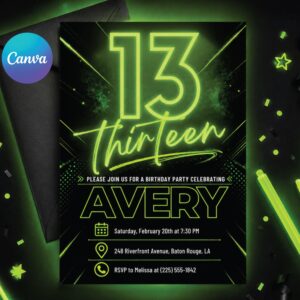 Neon 13th Birthday Invitation, Editable Green Party Invite, Neon Light Brick Wall Boy Birthday Invitation, Teenager Boy Birthday Invites