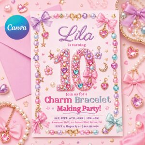 Charm Bracelet Making Party, Jewelry Making Invitation, Beading Party Template, Tween Girl Birthday, Friendship Bracelet Workshop, Canva