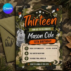 Camo Adventure invitation, Army Birthday Party Invitation, Camo Soldier Evite,  Hunting Birthday Invite Boy  Birthday Invite, Canva Template