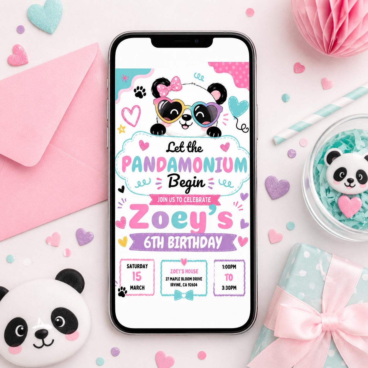 Panda Birthday Invitation Girl, Pandamonium 6th Birthday Invite, Cute Panda Party Canva Template, Editable Kids Birthday Printable, Canva - Image 4