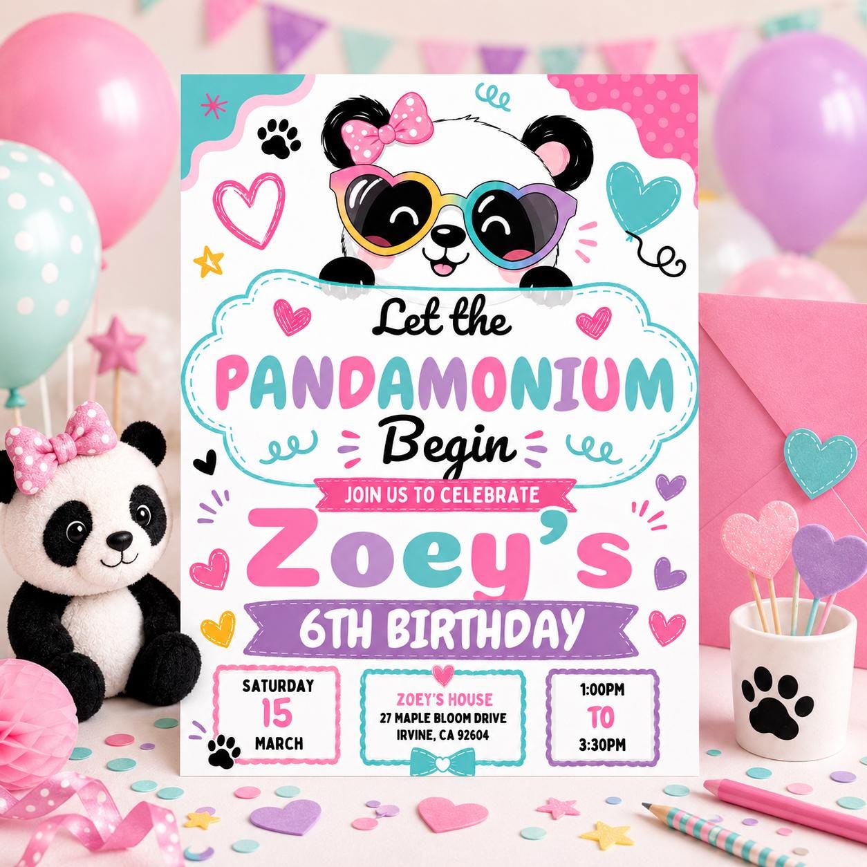 Panda Birthday Invitation Girl, Pandamonium 6th Birthday Invite, Cute Panda Party Canva Template, Editable Kids Birthday Printable, Canva - Image 3