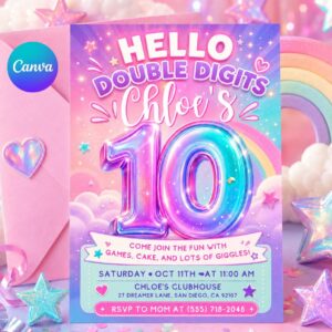 10th birthday party invitation, Hello Double Digits girl birthday invitation, Preppy invitation editable, ten birthday invitation, Groovy
