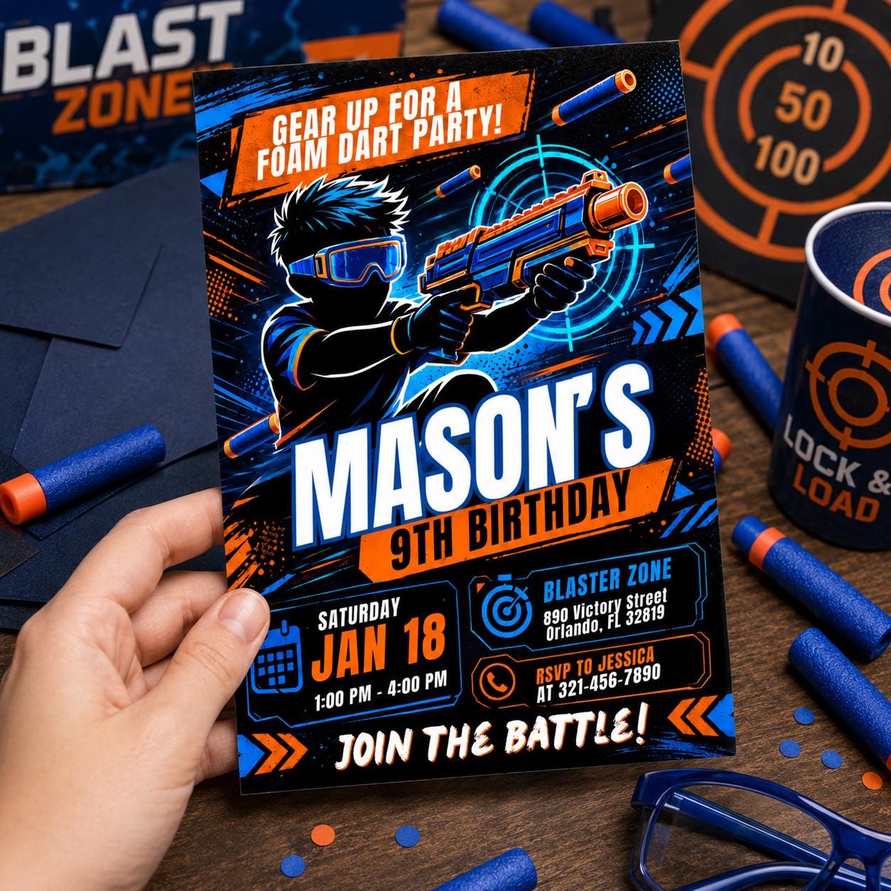 Blaster Birthday Invitation, Dart Battle Party Invite, Ready Aim Party Theme, Editable Canva Template - Image 3