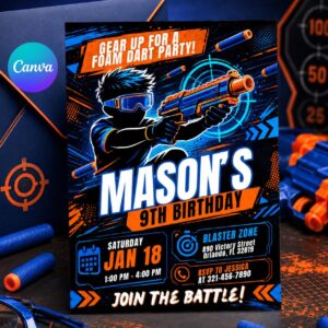 Blaster Birthday Invitation, Dart Battle Party Invite, Ready Aim Party Theme, Editable Canva Template