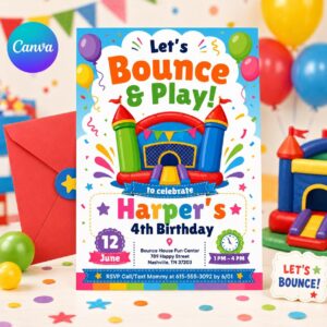 Editable Bounce House Birthday Invitation, Kids Jump Bounce House Party Invitation, Printable Bouncing Castle Invitation Canva Template, DIY