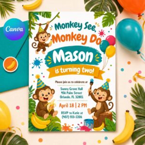 Pink Floral Monkey See Monkey Two Girl 2nd Birthday Invitation, Brown Monkey Jungle Animal Theme Second Birthday Party Invite Canva