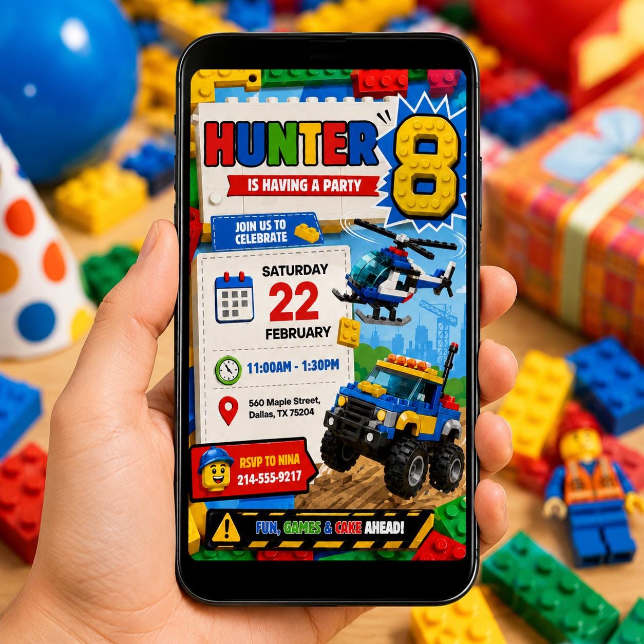 Editable Construction Birthday Invitation, Building Blocks Truck Party Canva Template, Kids Brick Invite - Image 4