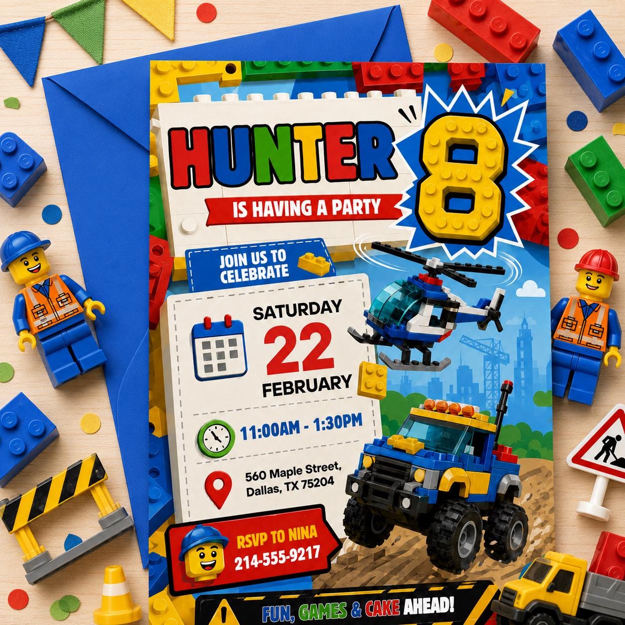 Editable Construction Birthday Invitation, Building Blocks Truck Party Canva Template, Kids Brick Invite - Image 5