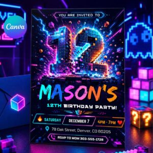 12th Birthday Invitation, Boy Invitation, Boy Birthday Invites, Editable Invitation, Boy 12th Birthday, Neon Cyber Party Template Canva