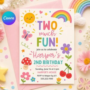 Two Much Fun Birthday Invite, Colorful 2nd Birthday Template, Editable Girl Party Invite,  Watercolor, Gingham, Rainbow,  Canva Template