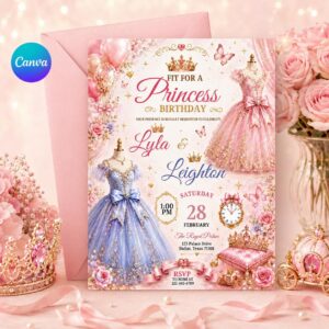Birthday Princess Party Invite, Princess Birthday Invitation Girl, Her Royal Threeness Invite, Watercolor Royal Celebration, Canva Template