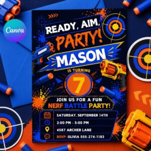 Blaster Birthday Invitation, Dart Battle Party Invite, Ready Aim Party Theme, Editable Canva Template