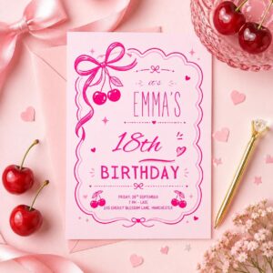 Cherry Sweet Birthday Invitation, Cherry Bow Birthday Invite, Cherry Girl Birthday Party Invite, Cherries Girl 1st Birthday, Editable Canva