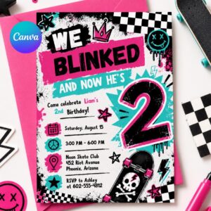 Blink And I'm Two Birthday Invitation Editable Canva Template 2nd Birthday Invite Pink Checkered Smiley Birthday Invite, Canva Template