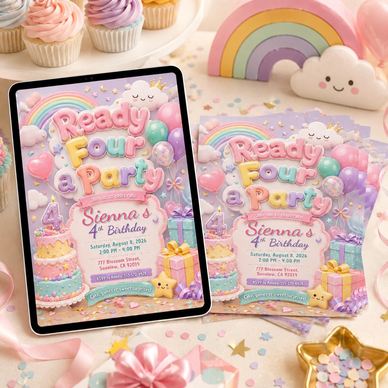 Colorful 4th Birthday Invitation Editable, Ready Four a Party Invite, Canva Template - Image 4