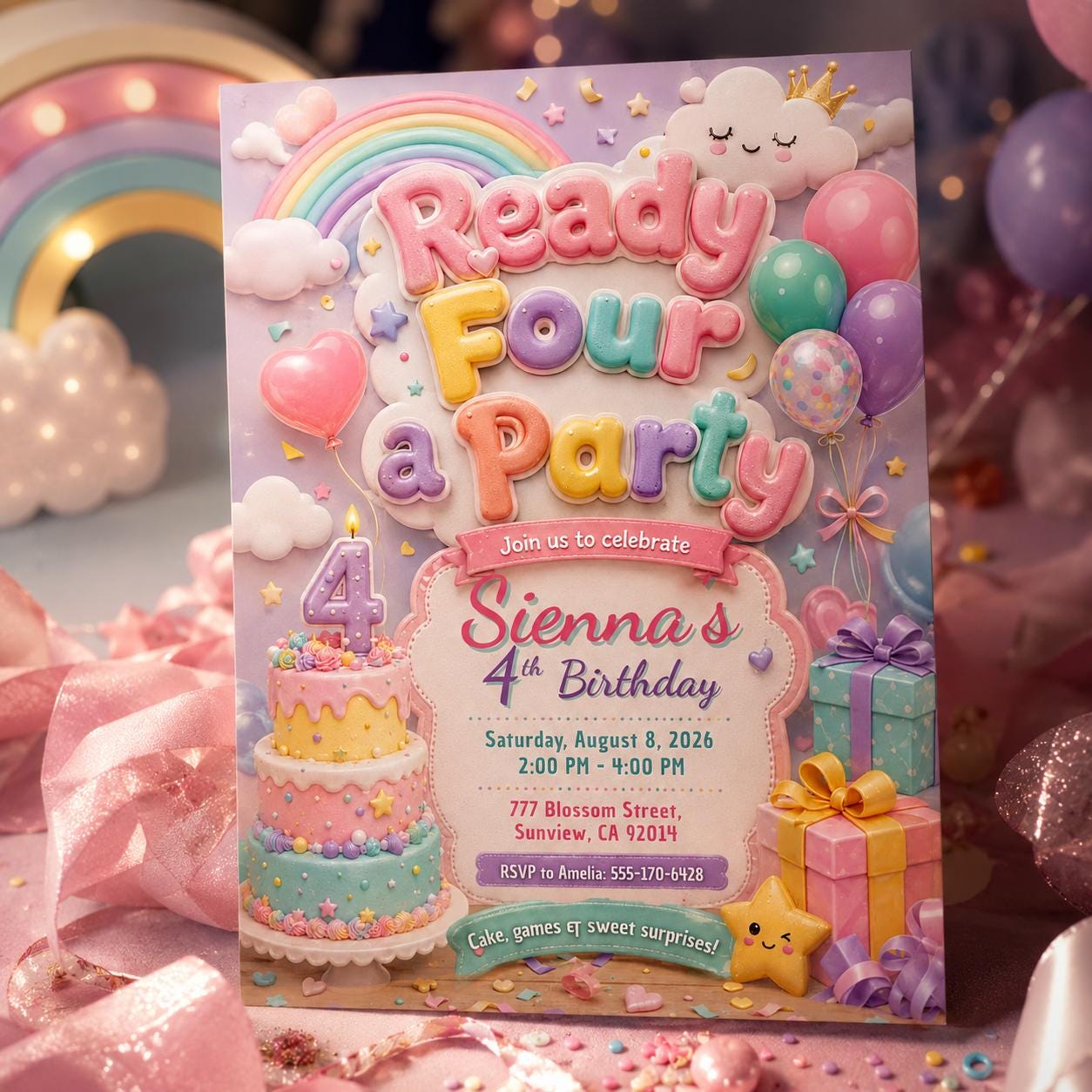 Colorful 4th Birthday Invitation Editable, Ready Four a Party Invite, Canva Template - Image 3