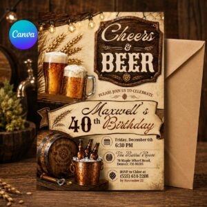 Cheers and Beers Birthday Invitation, Cheers and Beers Invitation, Beer Birthday Party, Any Age, Beer Theme Canva Template