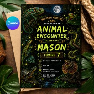 Reptile Birthday Invitation Editable Template, Lizard Nature Theme Boy Printable Invite, Zoo Animal Encounter Party, Editable Canva Template