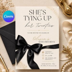 Tying Up Her Twenties Invitation, 30th Birthday Invite, Coquette Birthday Invitation, Black Bow Birthday Party, Editable Canva Template