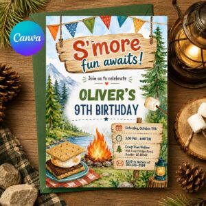 Camping Birthday Invitation, Camping Party Invite, Smore Fun Invite, Backyard Camping Invite, Campfire Party, Outdoor Bonfire Invite Canva