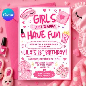 Pink Pajama Slumber Party Invitation, Girls Just Wanna Have Fun Birthday, Girls Slumber Party, Sleepover Party, Editable Canva Template