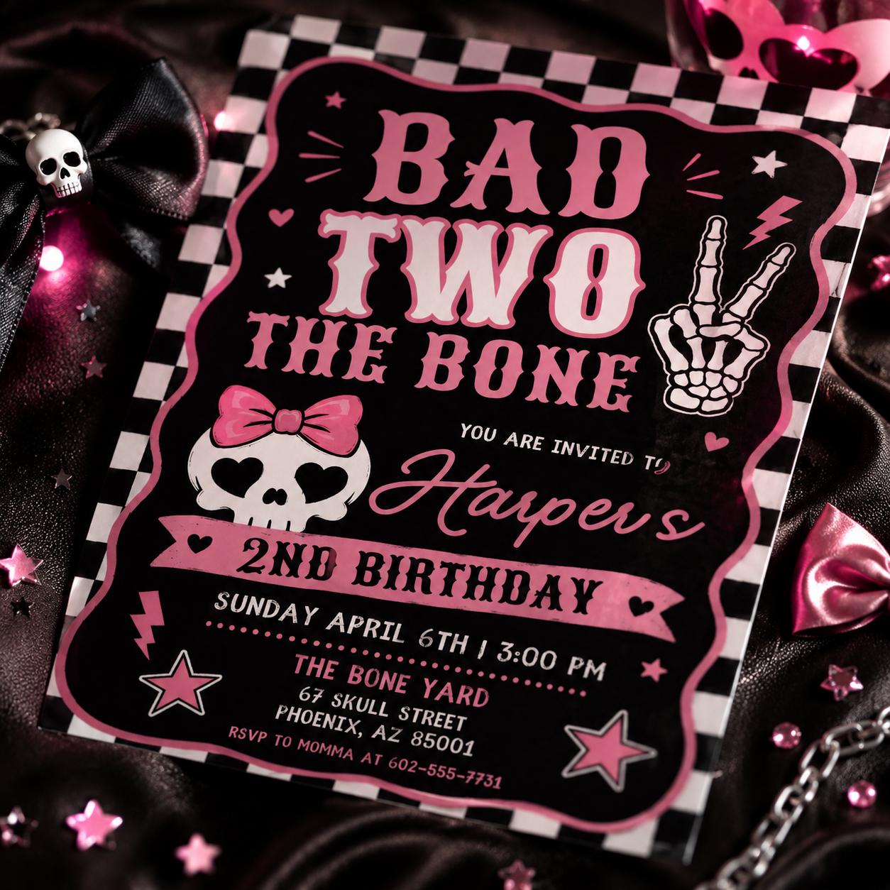 Editable Bad Two the Bone Birthday Invitation, Bad to the Bone 2nd Birthday Invite, Two Cool 2nd Birthday Girl Party, Canva Template - Image 3